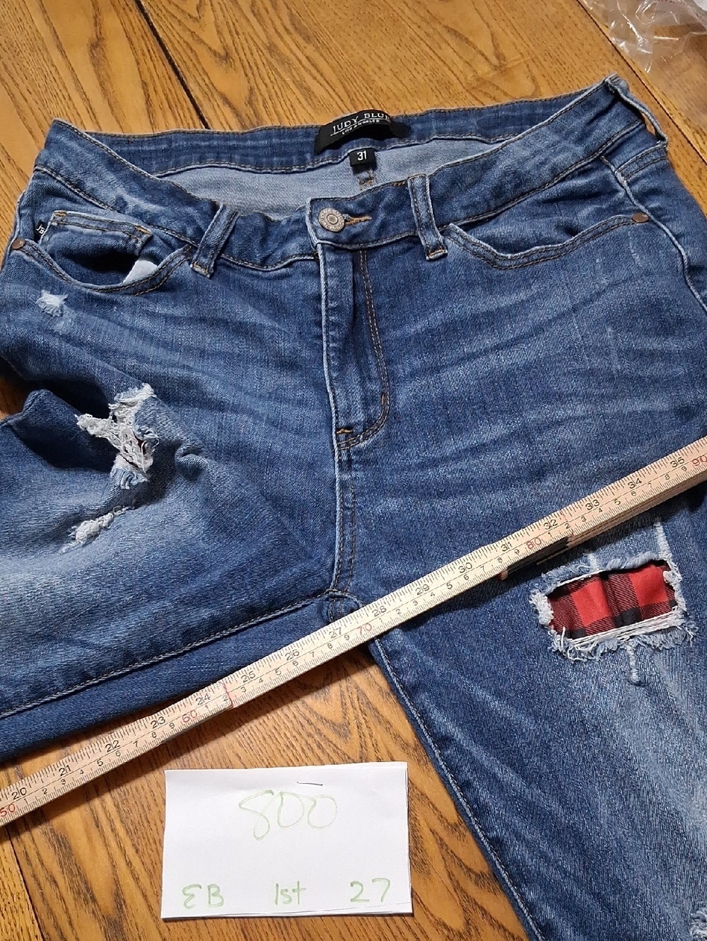 JUDY BLUE Jeans Women 31 BLUE Distressed Preowned Denim Pants Used Ripped Holes - Picture 2 of 5